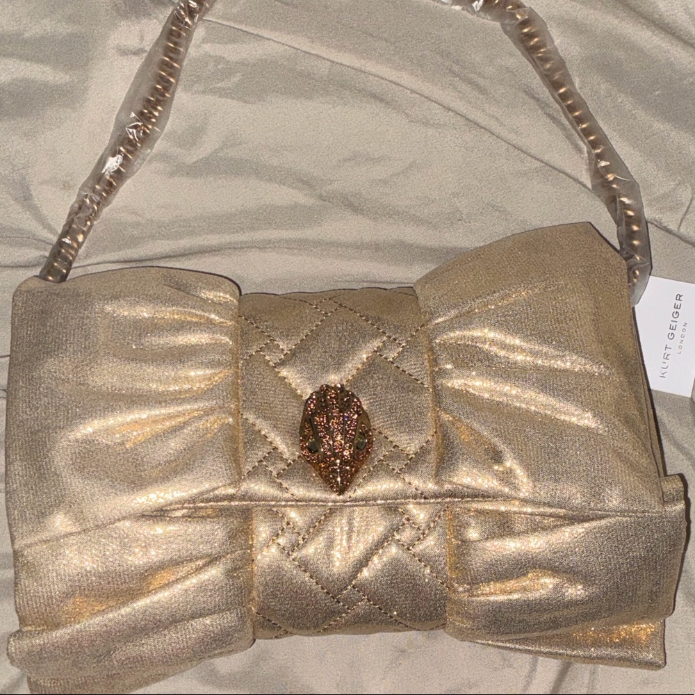 NWT FULL INCLUSION Kurt Geiger Metallic Gold Quilted Bow Shoulder Bag